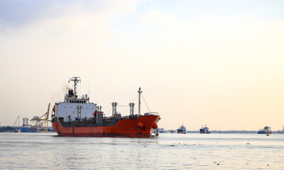 ocean liner, Cargo Ship, Thanker going to port in thai gulf zone near samutprakarn province, Thailand.