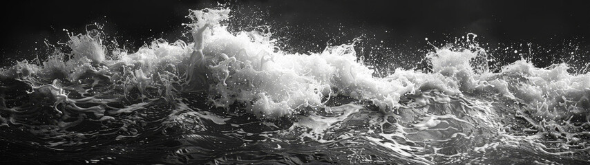A dramatic black and white image capturing the powerful surge of ocean waves, showing detailed water textures and splashes