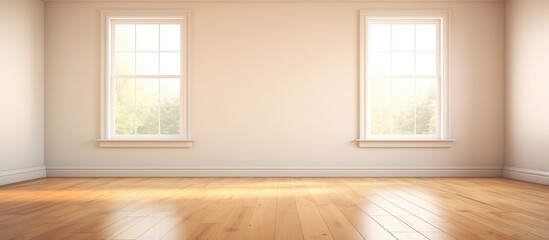 An empty room with a hardwood floor and two windows. The room is bright due to the natural light coming in through the windows. The hardwood floor adds a touch of warmth to the space.