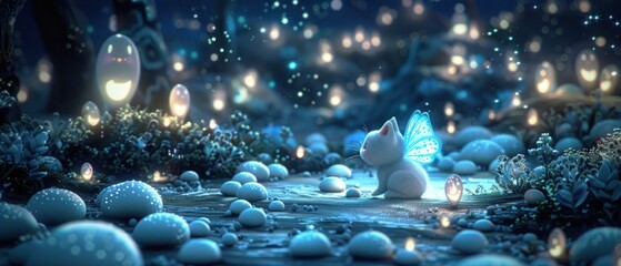 a white bunny sitting in the middle of a forest filled with lots of white eggs and glowing lights in the background.