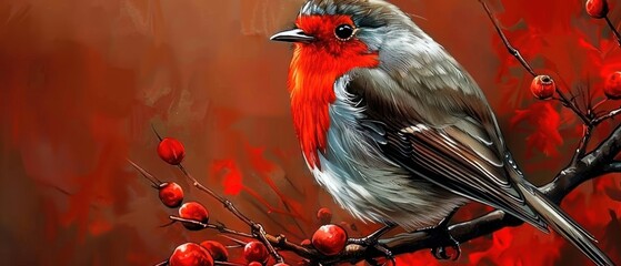 a painting of a bird sitting on a branch of a tree with red berries in front of a red background.