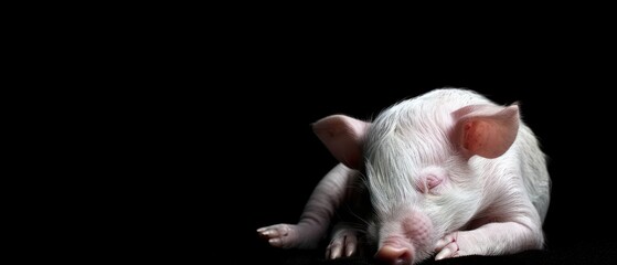 a small white rat sitting on top of a black floor next to a black background and a black background with a small white rat sitting on top of it's legs.