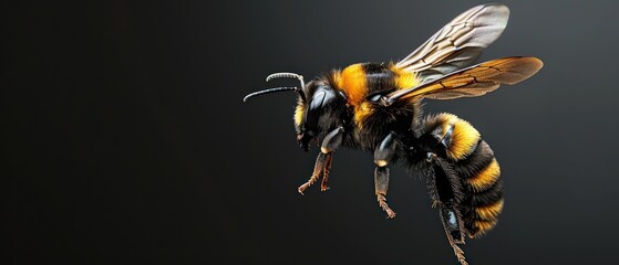 a close up of a bee flying in the air with it's head turned to look like a bee. - obrazy, fototapety, plakaty