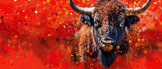 a painting of a bull's head with orange and red paint splattered on it's face. - obrazy, fototapety, plakaty