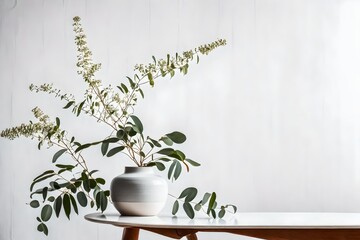 flower , Indulge in the delicate beauty of a eucalyptus flower elegantly displayed in a ceramic vase on a table against a pristine white background