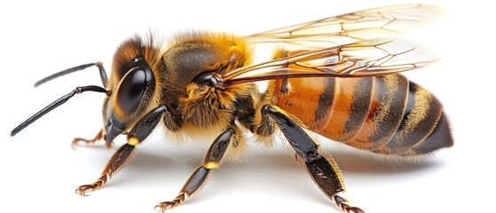 a close up of a bee on a white background with a blurry effect to the front of the image.