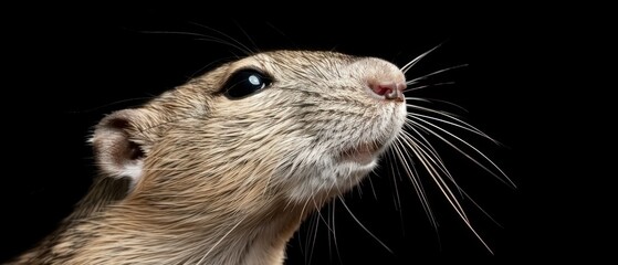 a close up of a rodent's face with it's head turned to the side and it's eyes wide open.