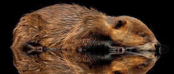 a close up of a beaver's face with it's reflection in the wet surface of the water. - obrazy, fototapety, plakaty
