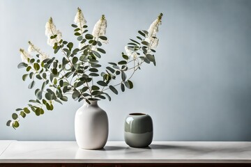 vase with flowers on the table, Indulge in the delicate beauty of a eucalyptus flower elegantly displayed in a ceramic vase on a table against a pristine white background