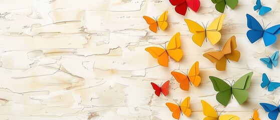 a group of multicolored paper butterflies on a white wall with peeling paint peeling paint on the wall and peeling paint on the wall.