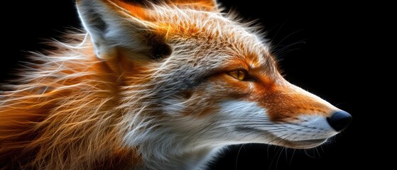 a close up of a red fox's face on a black background with the light coming through its eyes.