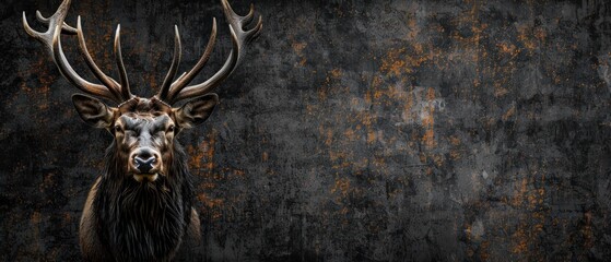 a close up of a deer's head with very large antlers on it's head and a grungy background.