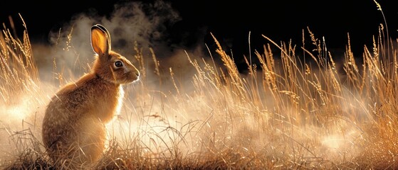 a rabbit sitting in the middle of a field of tall grass with steam rising up from it's ears. - obrazy, fototapety, plakaty