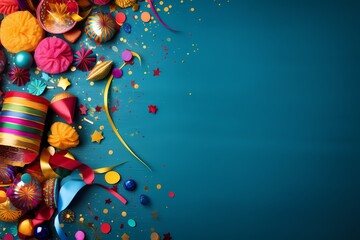 A vibrant array of festive decorations arranged in a top-down view, creating a captivating festival background with ample copy space for text.