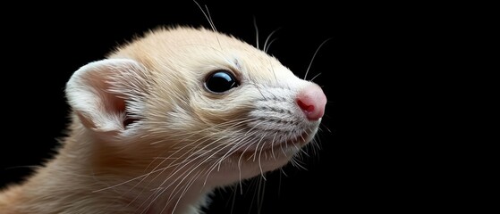 a close up of a small white ferret looking up into the sky with its eyes wide open and a black background.