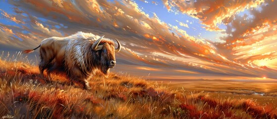 a painting of a bison standing in a field with a sunset in the back ground and clouds in the sky.