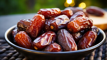 An extreme close up of dates in bowl