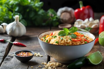 Spicy A bowl of noodles with vegetables served on a table. - obrazy, fototapety, plakaty