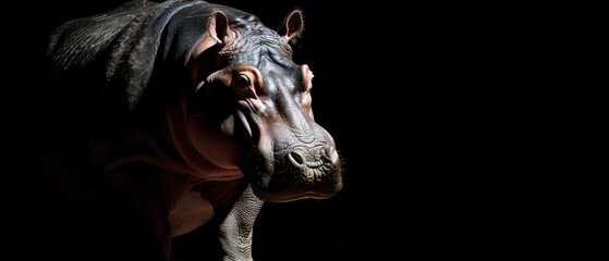 a hippopotamus standing in the dark with its head turned to the side and it's head turned to the side.