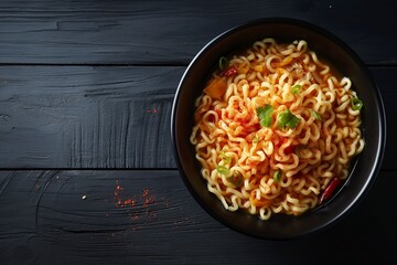 A bowl of spicy instant noodles on a wooden table, copy space. - obrazy, fototapety, plakaty