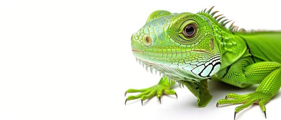 a close up of a green iguana on a white background with clippings to the right of the image. - obrazy, fototapety, plakaty