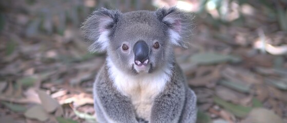 a close up of a koala sitting on the ground with leaves in the foreground and a blurry background.