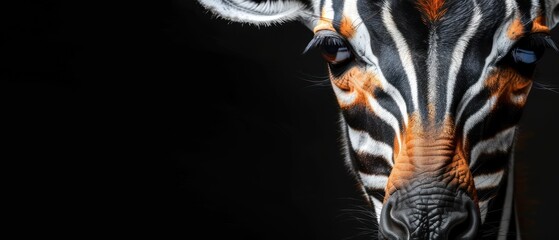 a close up of a zebra's face on a black background with only the head and part of the zebra's head visible.