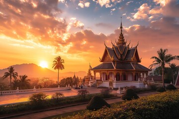 A stunning sunset illuminates a Thatluang temple against a backdrop of palm trees.