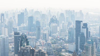 An aerial view showing the city in Bangkok, Thailand in the morning. There is thick PM 2.5 dust...