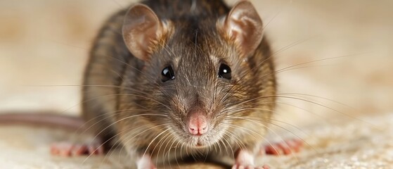 a close up of a rat on a white carpet with a blurry background and a blurry image of a rat looking at the camera.