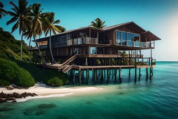 a beach house on stilts, perched over the water