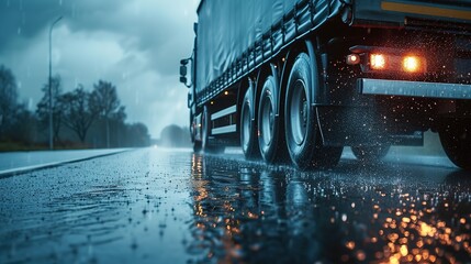 a cargo truck on the road realistic image in rainy weather - obrazy, fototapety, plakaty