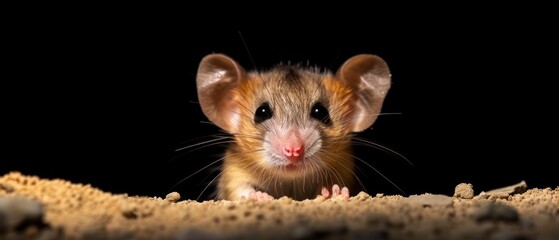 a close up of a small rodent on a black background looking at the camera with a curious look on its face.