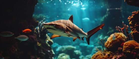 a close up of a shark in an aquarium with a light shining on the bottom of the tank behind it.