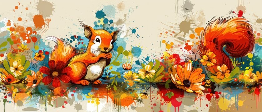 a painting of a squirrel sitting on top of a field of flowers with paint splatters all over it.