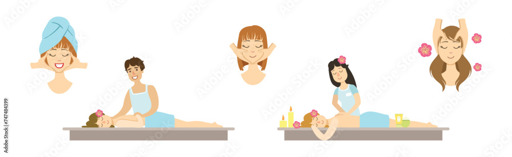 Wall mural woman at spa center and beauty salon service vector set