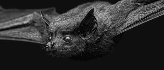 a black and white photo of a bat flying in the air with it's mouth open and it's eyes wide open.