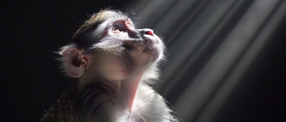 a close up of a monkey with it's head up in the air with it's eyes closed. - obrazy, fototapety, plakaty