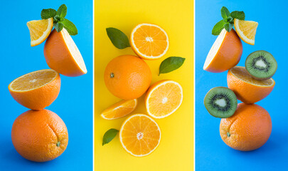 Collage. Oranges and kiwi stacked pyramid on the blue and yellow background. Close-up.