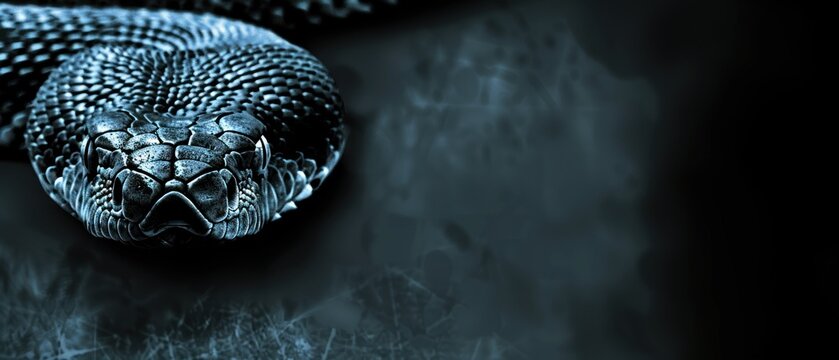 a close up of a snake's head on a black background with a blurry image of the snake's head.