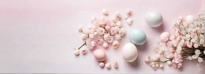 Composition of Easter eggs and small flowers on a pink background
