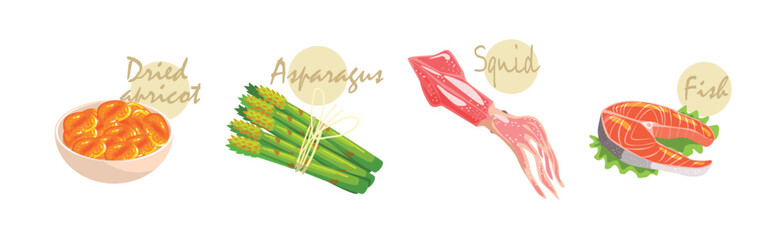 Healthy Food and Product with Inscription Vector Set