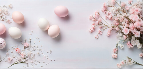 A composition of Easter eggs and pink flowers on a light background
