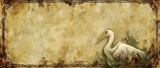 a painting of a white bird with a long neck and long legs standing in front of a grungy background.