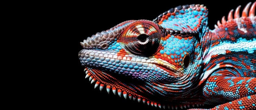 a close up of a colorful chamelon's head on a black background with a red, blue, and green pattern.