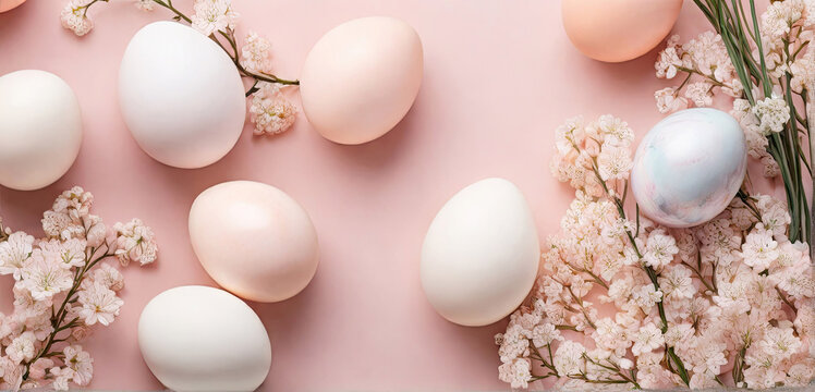 Easter eggs and flowers on a peach background