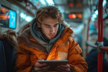 Young man sitting in a train looking at tablet