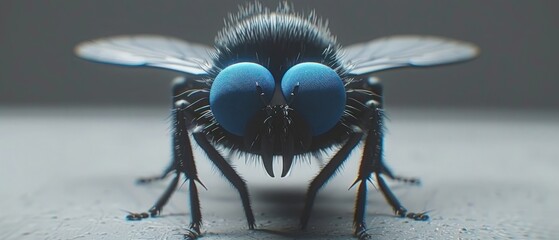 a close up of a blue fly on a white surface with one eye open and the other eye half closed.