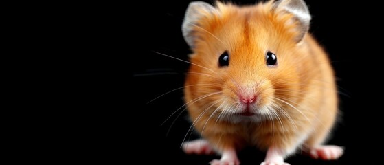 a close up of a brown and white hamster on a black background, looking at the camera with a curious look on its face.
