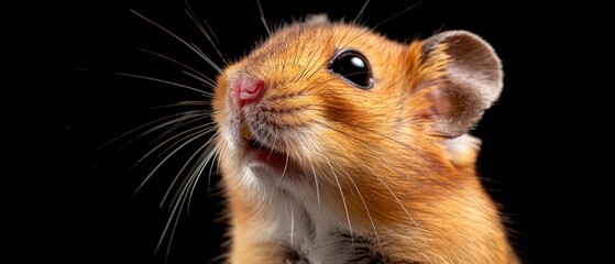a close up of a small rodent with its mouth open and eyes wide open, on a black background.